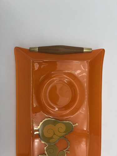 Vintage MCM Georges Briard Signed Gold Orange Garden Glass Serving Tray - Picture 5 of 11