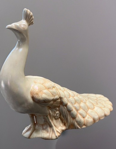 Vintage MCM Ceramic Pair of 15” White Pearl Peacocks Holland Mold Pearlescent  - Picture 4 of 5