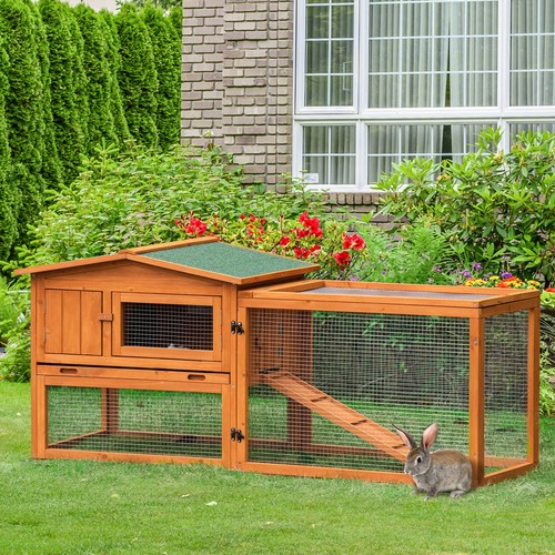 Rabbit Hutch and Run Outdoor Bunny Cage Wooden Guinea Pig Hide House - Picture 10 of 11
