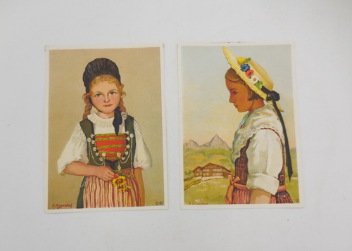 2 cartoline d'epoca M. Riggnebach ragazza in costume svizzero non spedite - Foto 1 di 7