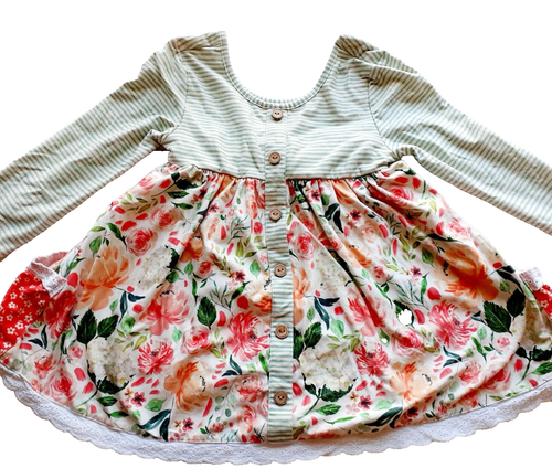 Freche Pflaume Mädchen Tunika grün Blumen Streifen Langarm Spitze Taschen Größe 8