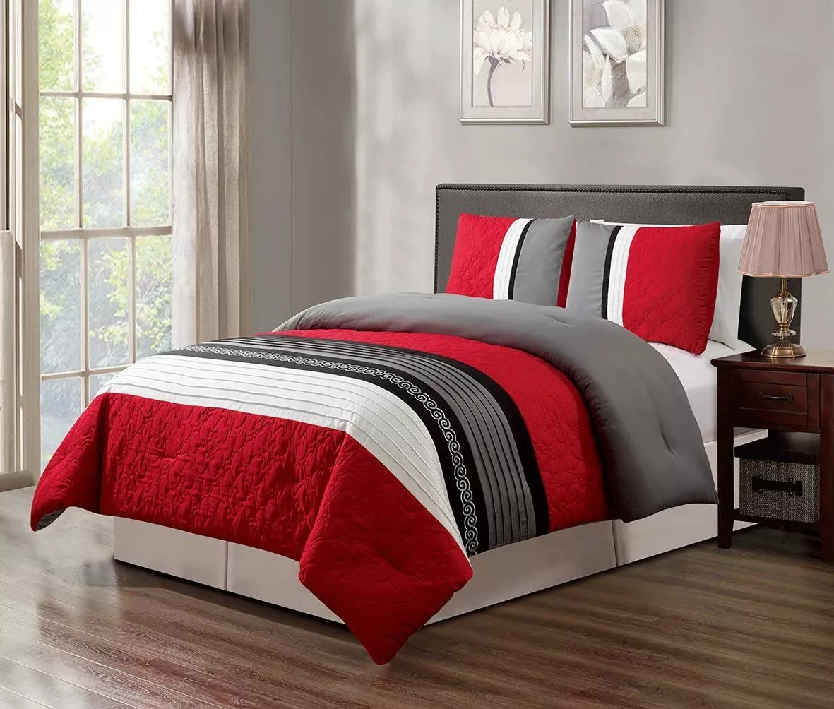 Red Black Gray Pintuck Striped 7 pc Comforter Set Twin Full Queen Cal King Bed