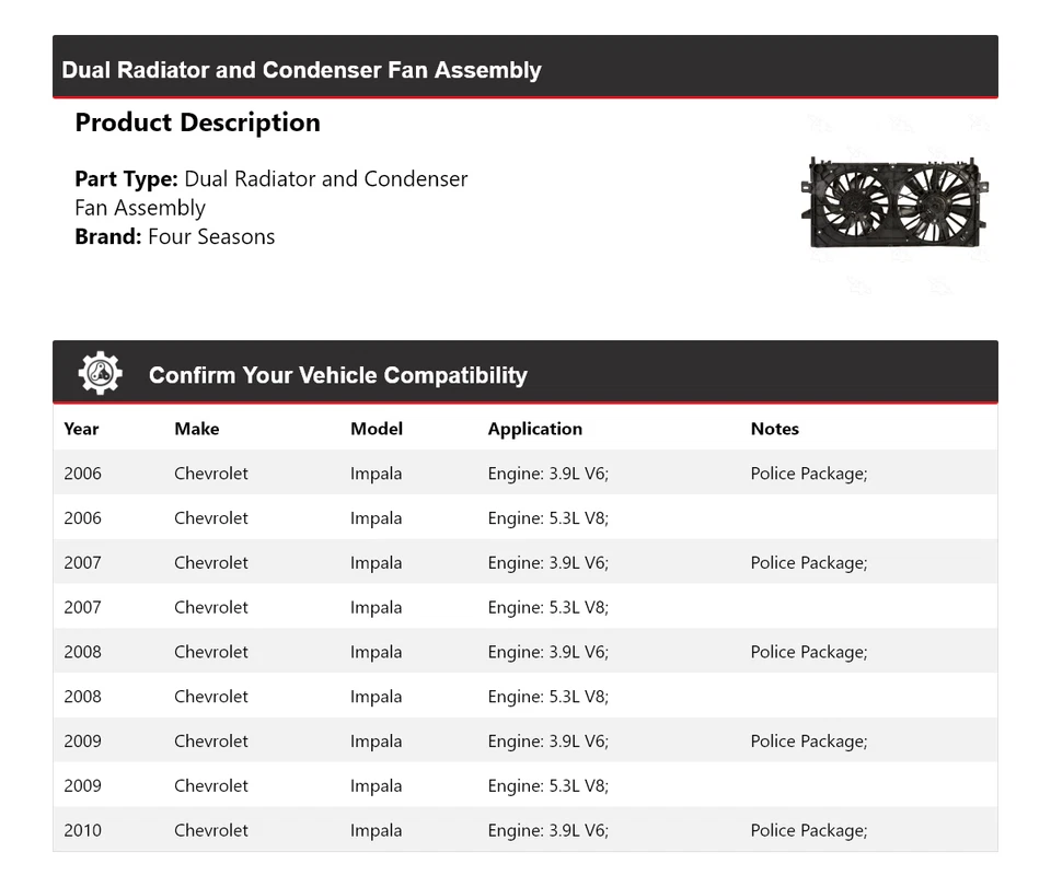 Conjunto de ventilador condensador radiador doble 4 mares Chevrolet Impala 2006-2010 Foto 2 de 4