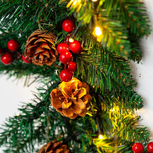 9Ft Artificial Christmas Garland Prelit with LED Lights, 27 Pine Cones, 27 Red B - Picture 4 of 9