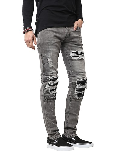 Mens Denim BIKER JEANS Stretch Fashion Pants Zipper Ripped Slim Fit Casual - Picture 91 of 136
