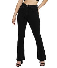 Womens Flare Jeans High Rise Ladies Comfort Pants Denim - Black Size 6 to 18