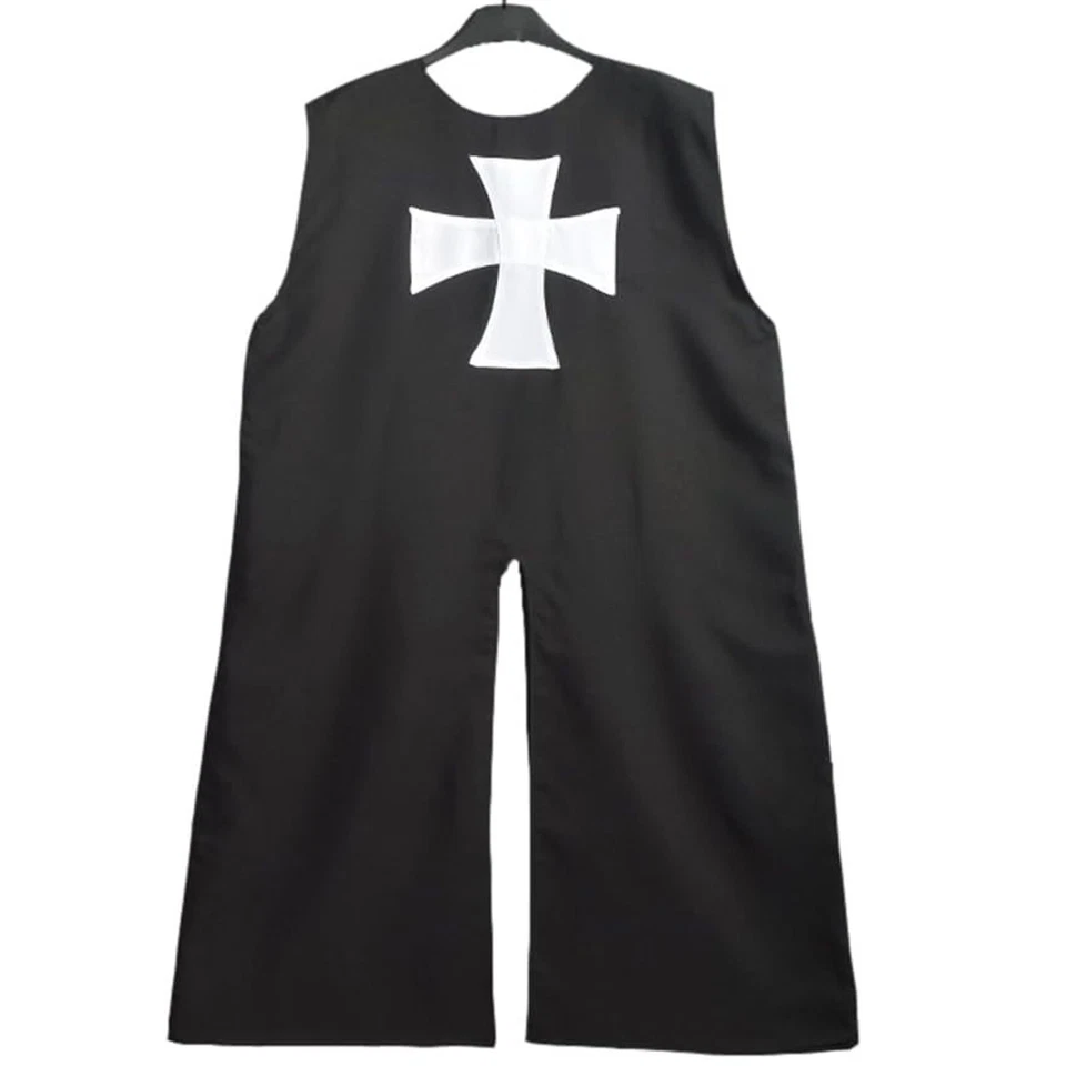 Túnica medieval caballero templario negro cruzado sin mangas abrigo renacentista LARP Foto 4 de 4