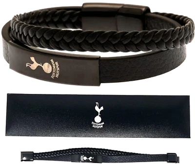 Bracelet Jumeau En Cuir Noir Tottenham Hotspur FC Avec Blason En Boîte Cadeau - Photo 1/4