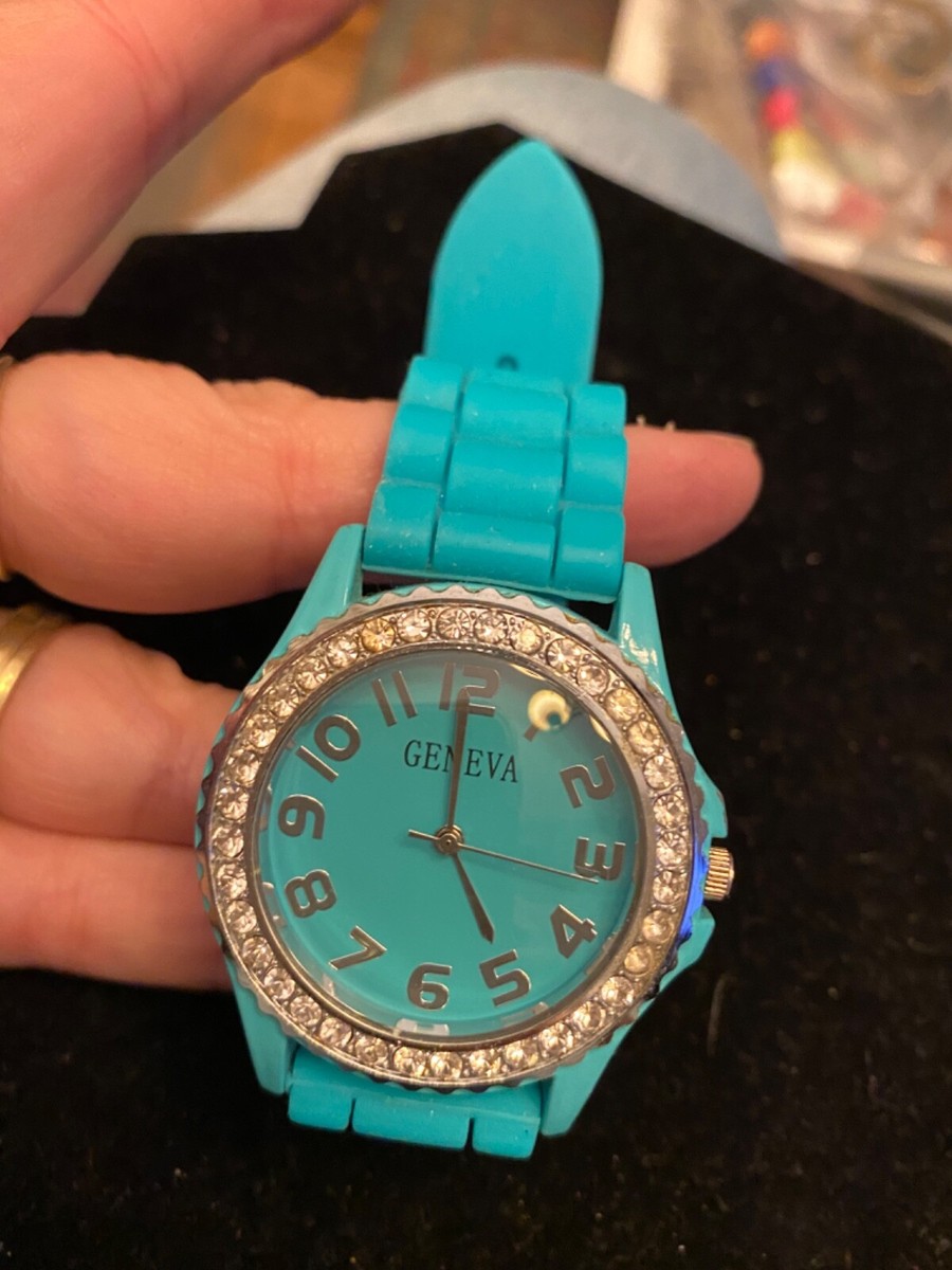 Geneva rhinestone and turquoise colored watch with plastic band