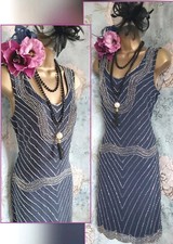 Lace and beads navy blue silver beaded 20s party flapper gatsby evening dress 12