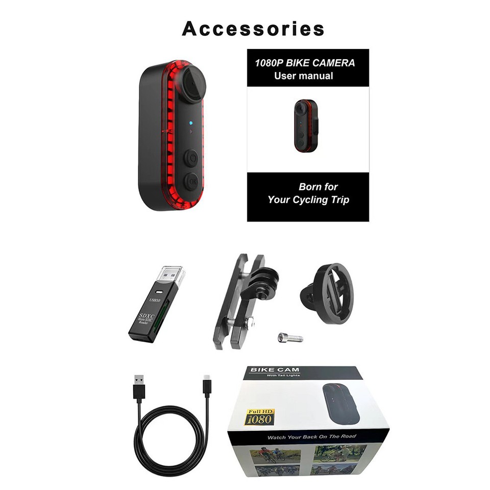 Bicycle Tail Light Camera Recorder 1080P HD Rear Cycling Camera with