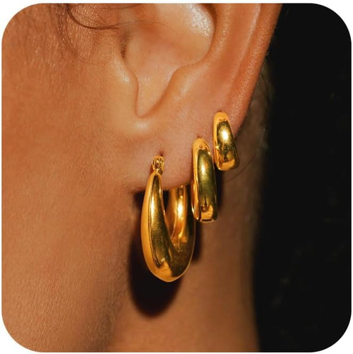 3 Pairs Chunky Gold/Silver Hoop Earrings Sets for Women 14K Gold Plated Dainty H - Picture 11 of 12
