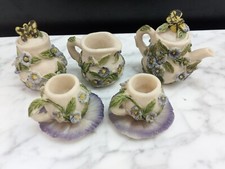 Vintage Miniature Resin Butterfly Blue Flowers Tea Set - 9 Pieces