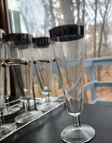 8 Vtg MCM Dorothy Thorpe Silver Rim Style Pilsner Glasses Drinkware With Caddy - Picture 5 of 12