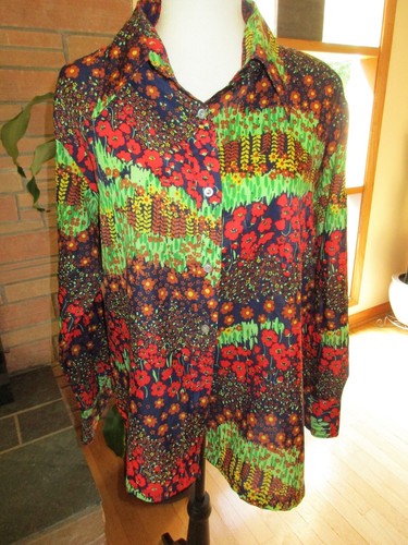 Vintage  1970s Mod  Floral Polyester Secretary Button Blouse Top size 42 Large - Picture 1 of 8