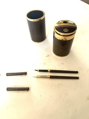 Vintage GUCCI Lighter, 2 Pens, and Pen Holder Set RARE! Matches