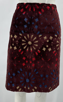 Carven Burgundy Velvet Eyelet Geometric Straight Skirt sz 42 NWT