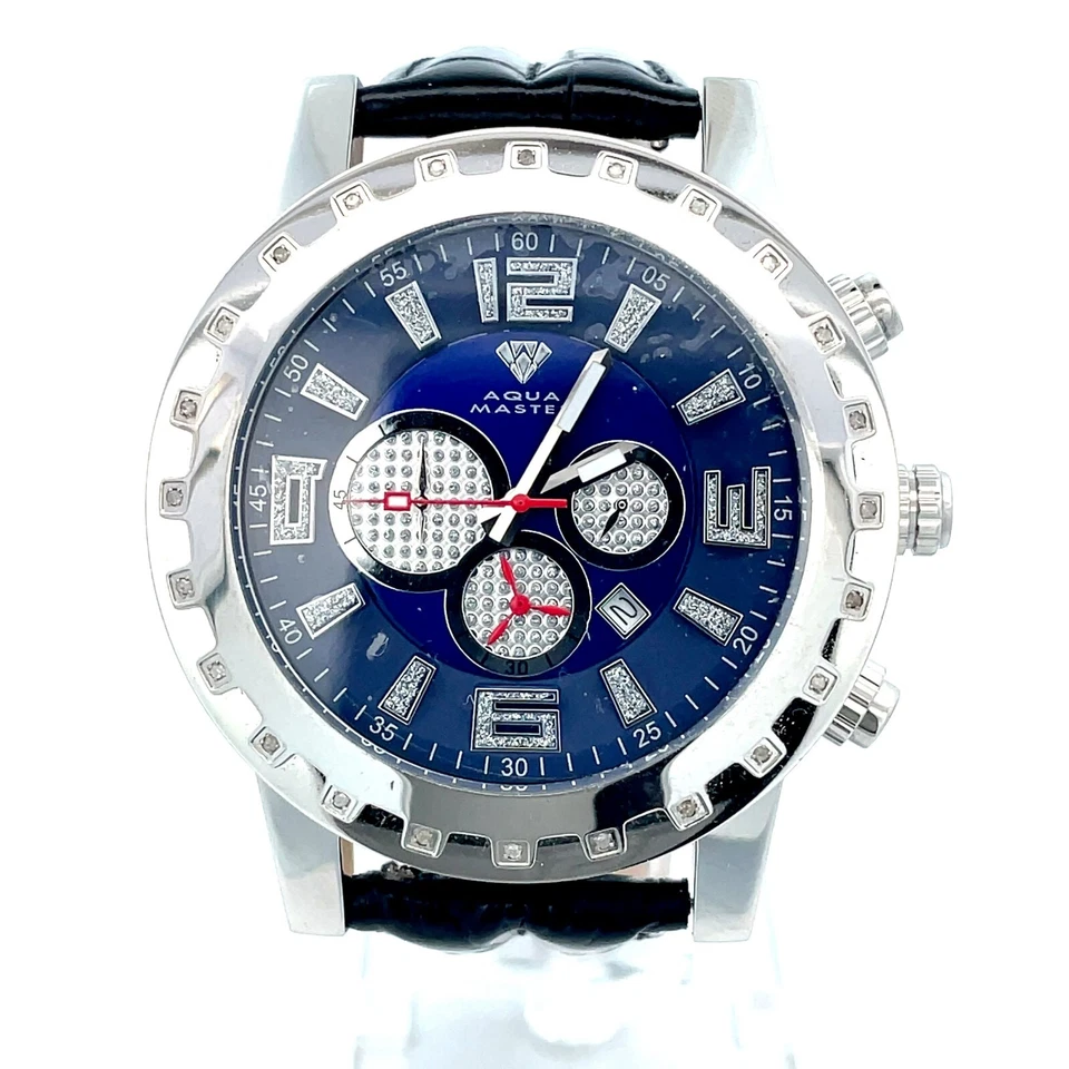 Aqua Master мужской Chrono Серебряный чехол черный кожаный ремешок 0,24 карат бриллиант - Изображение 3 из 4
