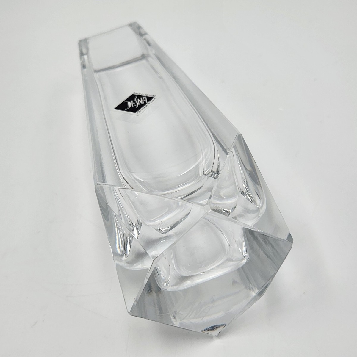 Desna Czech Clear Heavy Crystal Art Glass Vase Signed And Labeled