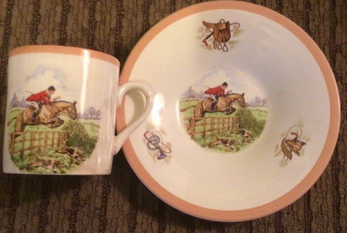 Fox Hunt Hunting Ambassador Ware Demitasse Tea Cup and Saucer Peach Rim 3 - Picture 2 of 5