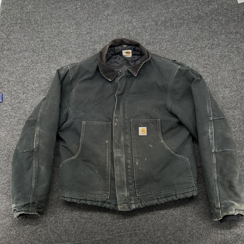 Vtg Carhartt Quilted Coat Men Black Distressed stained Embroidered