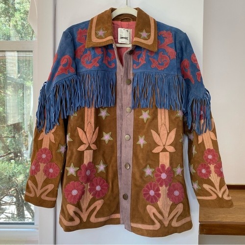 NUEVO CON ETIQUETAS Chaqueta de Cuero Free People Liza Flecos Bordados Gamuza Occidental Talla XS $698 - Imagen 19 de 24