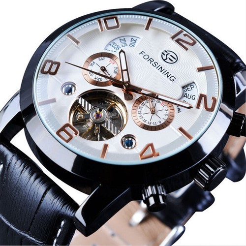 Mechanical Men Watches Skeleton Flywheel Tourbillon Waterproof Leather Strap - Picture 17 of 21