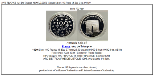 1993 FRANCE Arc De Triumph MONUMENT Proof Silver 100 Franc 15 Ecu Coin i93410 - Picture 3 of 3