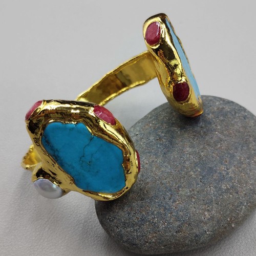 Brazalete Brazalete 28x35mm Azul Turquesa Rojo Jade Blanco Perla Chapado en Oro - Imagen 4 de 8