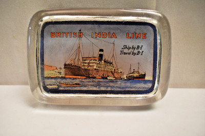 Vintage British India Line Glas Aschenbecher Schiff Reise Werbe Papiergewicht ''