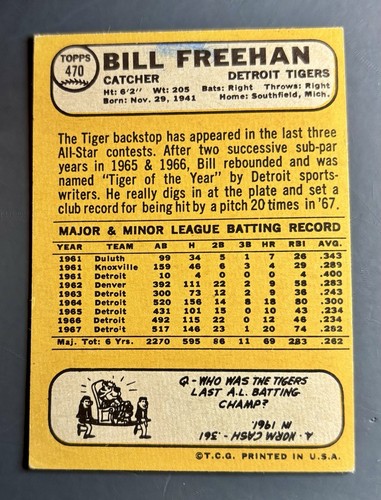 1968 Topps #470 Bill Freehan Detroit Tigers - Picture 2 of 2