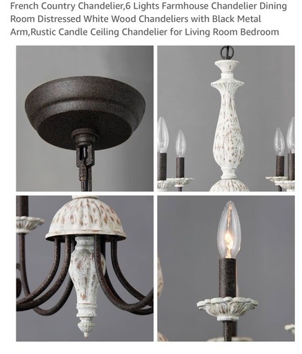 French Country Chandelier 6 Light Farm House White Wood Rustic Candle Ceiling - Picture 4 of 4