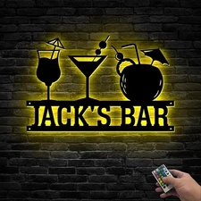 Personalized Bar Metal Sign With LED Lights, Custom Family Name Wall Art 10x10in