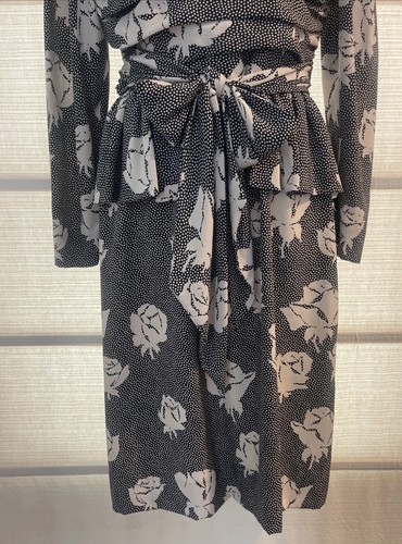 LANVIN Paris Silk Black/Ivory Rose Dot Peplum Dress~Self Belt~Euro 42~US 6/8 EUC - Picture 6 of 21