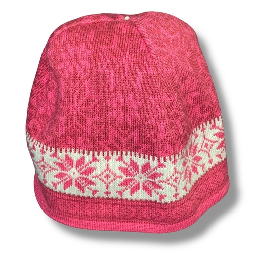 LL Bean Kids Girls Medium Beanie Cap Knit Skull Lined Snowflake Flower Pink - Picture 3 of 11