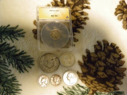 1951 S,64 D Quarters,1948 silver peso,Decimo Balboa 0.900,1944 mercury,1931 S AU