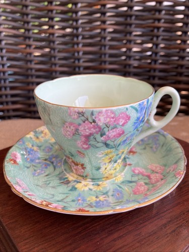 Shelley Melody grün Chintz Blumenmuster Goldrand 4 Unzen Teetasse & Untertasse #13453 * XLNT! - Bild 2 von 7