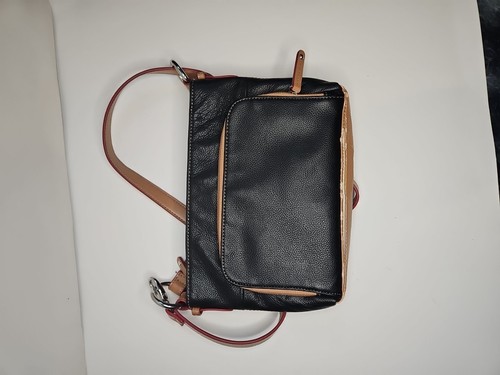 Tignanello Black Tan Leather Crossbody RFID Shoulder Handbag Pebbled Zip FLAWS - Picture 2 of 5