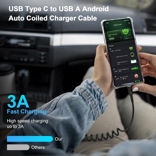 USB to C Coiled Cord Car Charger Fast Charging for iPhone 16/16 Black - Picture 4 of 7