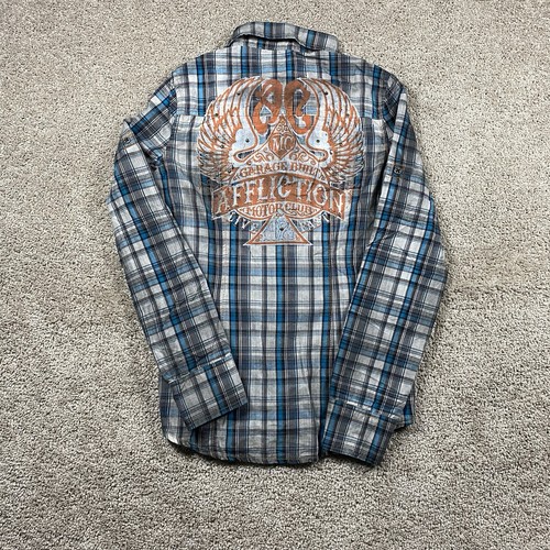 NWT Affliction Button Up Shirt Mens Small S Plaid Blue Gray Premium Grunge Y2K - Picture 3 of 12