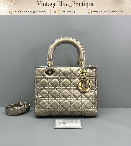 Dior Lady Medium Champagne Leather Gold HW Top Handle Bag Preowned Authentic