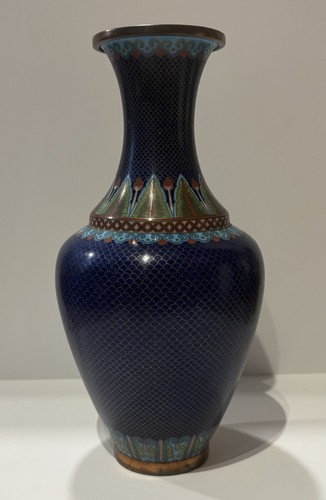 Antique ? Chinese Copper? Cloisonné Vase 9.5" Blue With Leaf Border AS IS DAMAGE - Picture 6 of 22