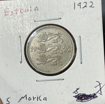 1922 Estonia 5 Marka Coin Great Condition High Value