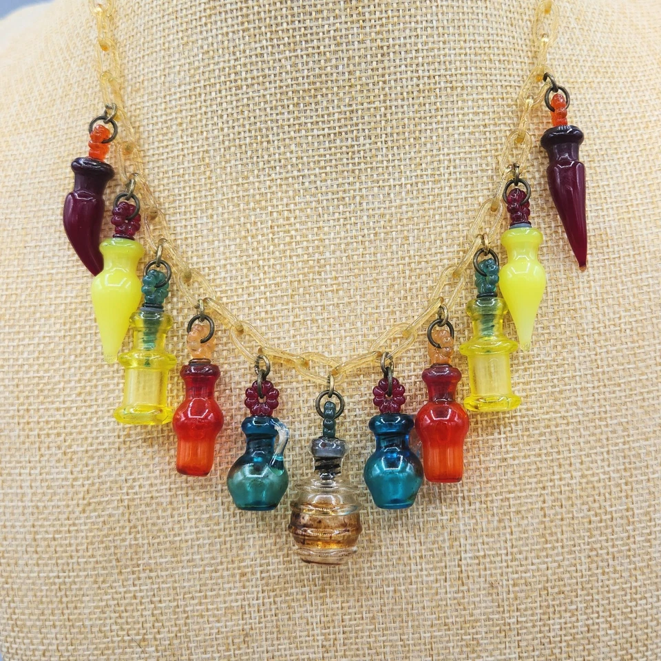1930s Unsigned Haskell Multi Color Glass Vial Bottle Celluloid Chain Necklace - Image 3 of 4