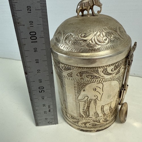 Brass Ware Tea Container With Spoon Elephant Carving Kitchen Décor From Ceylon - Picture 20 of 21