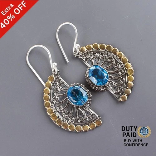 925 Sterling Silver Natural SWISS BLUE TOPAZ Wife Dangle Drop December Earrings