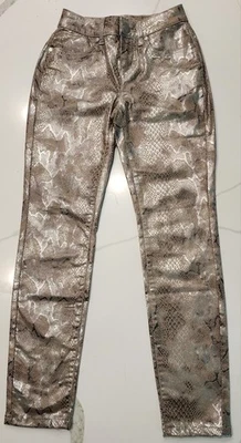 Metallic Snakeskin Skinny Jeans Size 25 S Gold Silver Python Pants Y2K Festival - Photo 1/4