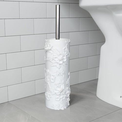 White Floral Branches Design Resin Toilet Bowl Brush and Holder Set Elegant B... - Picture 6 of 7