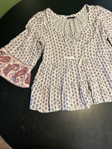 American Eagle Outfitters Boho Blue Red Paisley Floral Peasant Blouse M - Picture 3 of 9