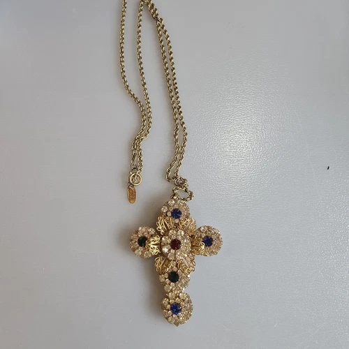 MIRIAM HASKELL Very Rare Colored Crystal Rhinestone Gold Filigree Cross Necklace